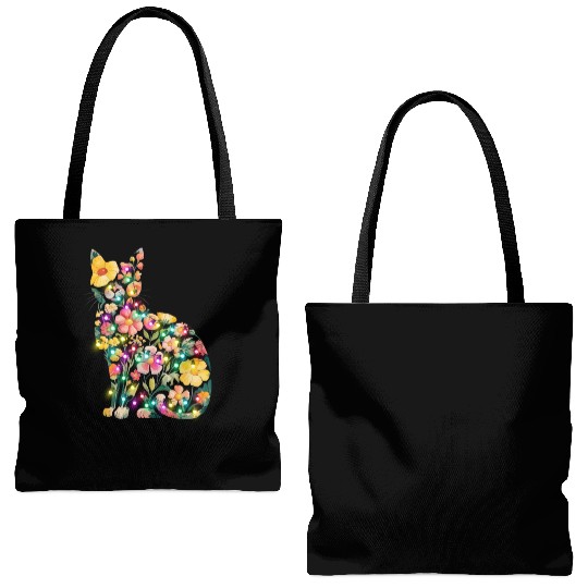 Floral Cat Silhouette nature santa christmas light Tote Bags (AOP)