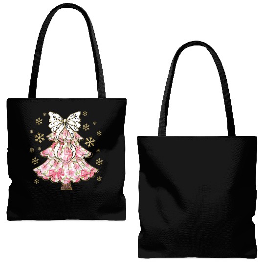 Preppy Pink Coquette Bow Xmas Tree Tote Bags (AOP)