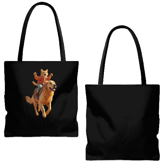Funny Ginger Cat Riding Golden Retriever/Realistic Tote Bags (AOP)