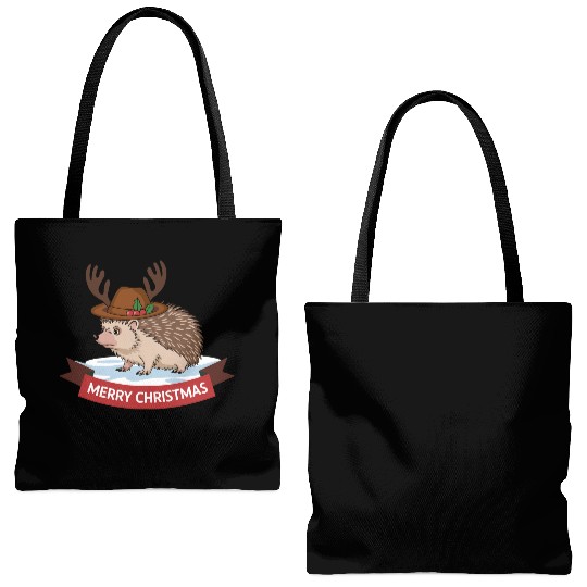 Grumpy Hedgehog Merry Christmas Deer Antler Hat Tote Bags (AOP)