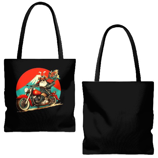 Santa Samurai Riding Motorcycle Graphic Tote Bags (AOP)