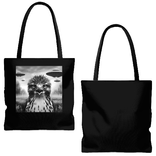 Hawk falcon Funny Graphic Selfie with UFOs Weird Tote Bags (AOP)