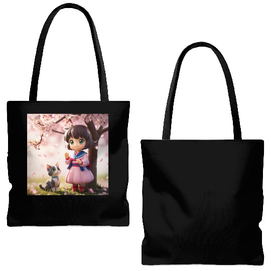An anime character with a cute cat Tote Bags (AOP)