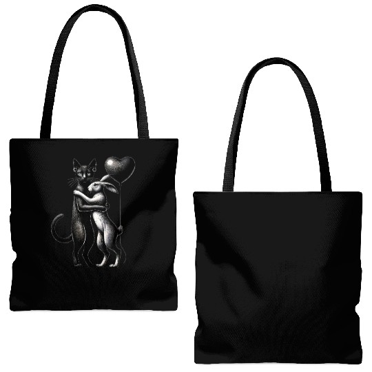 Cat and Rabbit Hug with Heart Balloon Tote Bags (AOP)