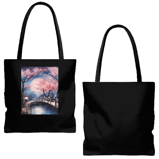Watercolor cherry blossom festival full moon Tote Bags (AOP)