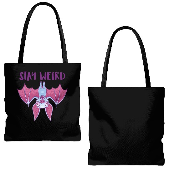Stay Weird Quirky Albino Vampire Bat Cartoon Tote Bags (AOP)