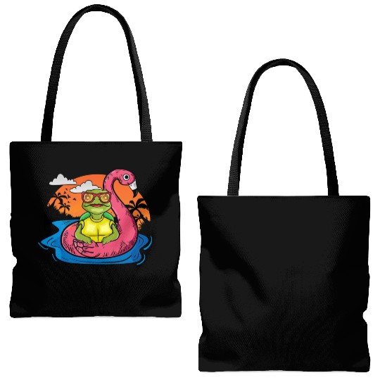 Funny Sea Turtle Swimming Flamingo Pool Sea Turtle Tote Bags (AOP)