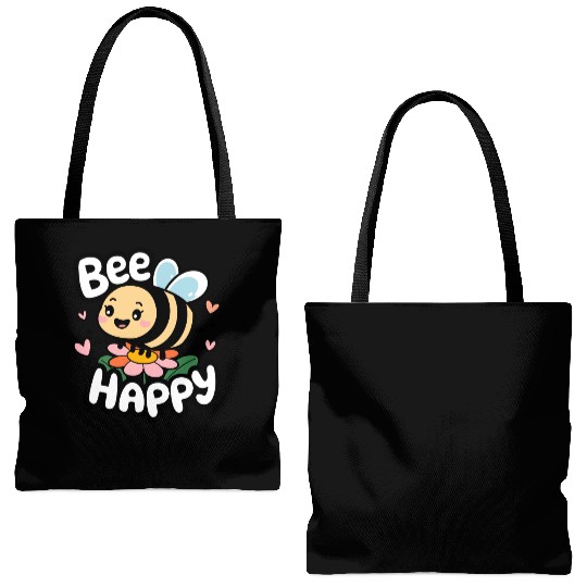 Bee Happy - Cute Kawaii Bee with Flower & Hearts Tote Bags (AOP)