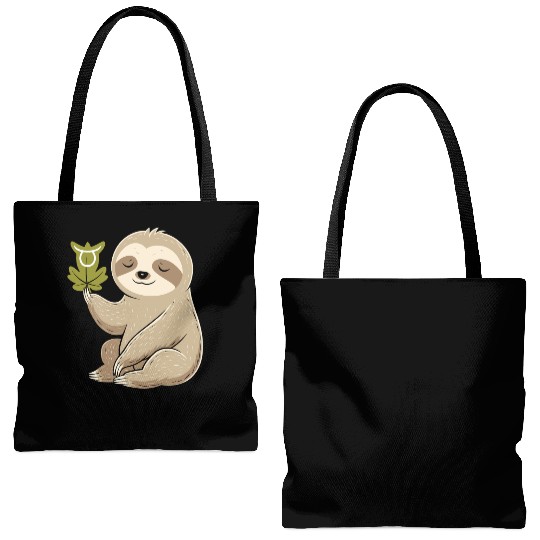 Taurus Zodiac Sloth with Leaf Symbol Serenity Tote Bags (AOP)