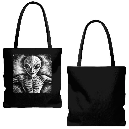 Grey Alien Engraving Tote Bags (AOP)
