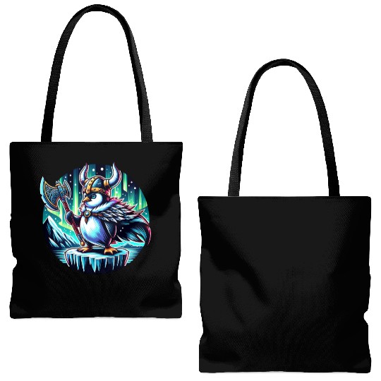 Viking Penguin with Axe Under Northern Lights Tote Bags (AOP)