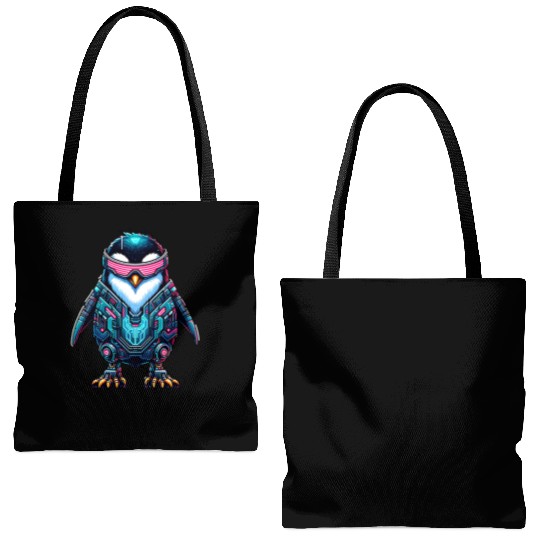 Futuristic Cyber Penguin Warrior with Neon Tech Tote Bags (AOP)