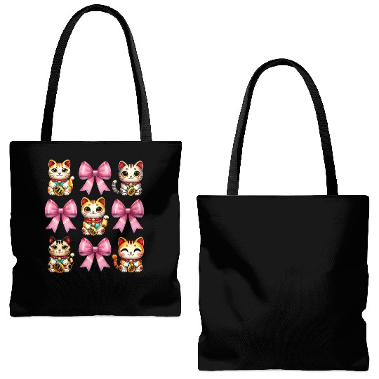 Coquette Bow Maneki Neko Japanese Cat Lucky Pink Tote Bags (AOP)