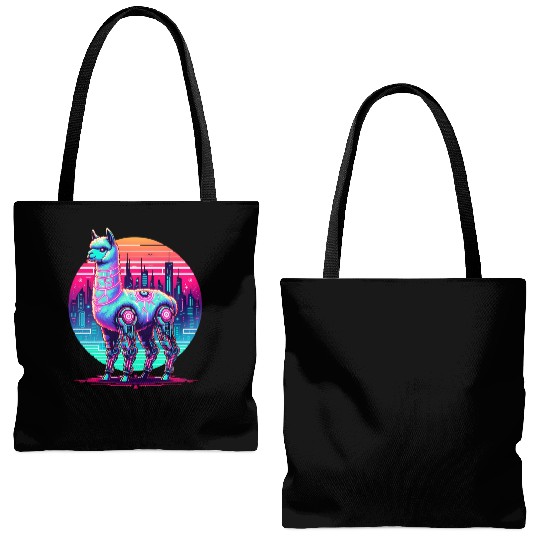 Futuristic Cyber Llama in Neon Cityscape Tote Bags (AOP)