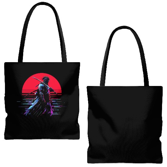 Cyberpunk Samurai Warrior Under Neon Moon Tote Bags (AOP)