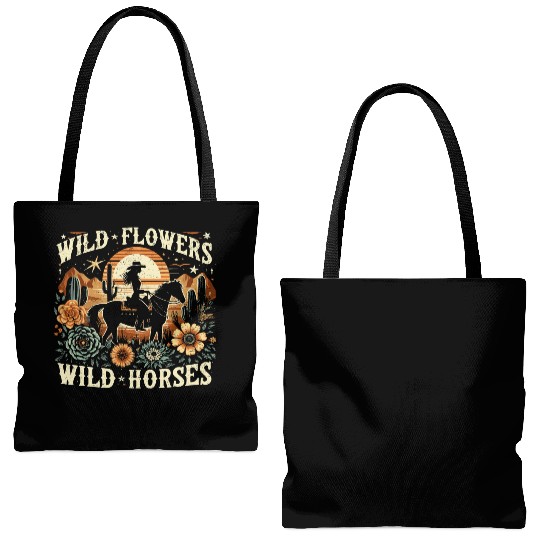 Retro Southern Sunset Cowgirl Wild Flowers Wild Ho Tote Bags (AOP)