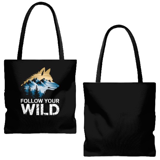 Follow Your Wild Adventure Mountain Wolf Tote Bags (AOP)