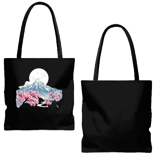 Japanese mount fuji Sakura tree Cherry blossom Tote Bags (AOP)