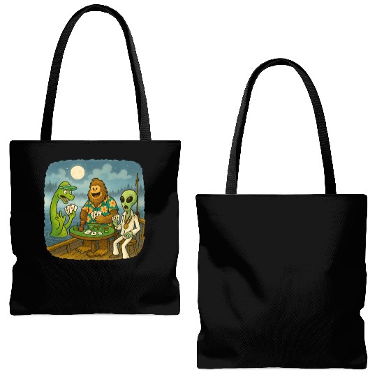 Bigfoot, Nessie and an Alien Play Poker - Cryptid Tote Bags (AOP)
