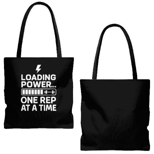 loading power funny gym quote with white text Tote Bags (AOP)