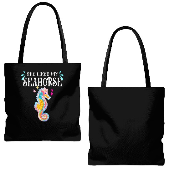 She likes my Seahorse tie dye summer couple love Tote Bags (AOP)