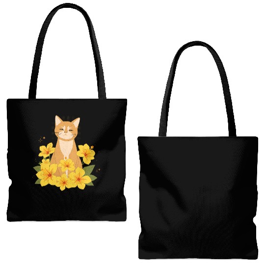 Orange Cat Surrounded by Yellow Hibiscus Flowers Tote Bags (AOP)
