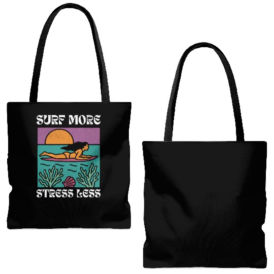 Surf More Stress Less | Tropical Sunset Surf Girl Tote Bags (AOP)