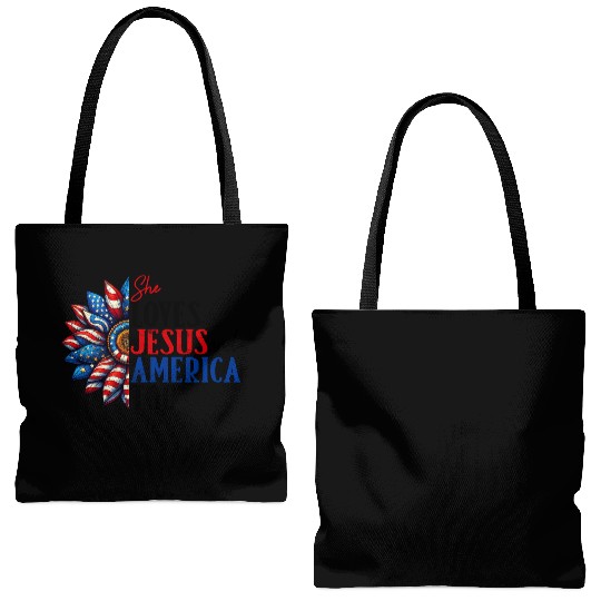 She Loves Jesus and America Too 4th of July Tote Bags (AOP)