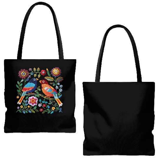 Mexican Embroidery Pattern Art Birds Flowers, Folk Tote Bags (AOP)