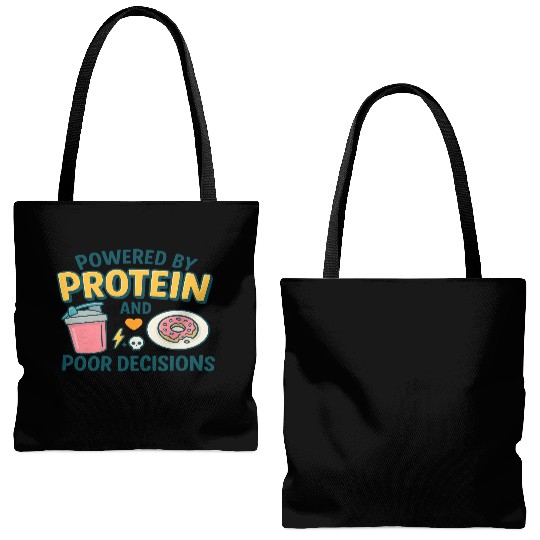 Powered by Protein & Poor Decisions – Funny Gym T‑ Tote Bags (AOP)