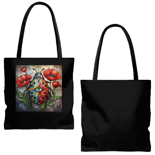 Ladybug stained glass vibrant poppy flower insect Tote Bags (AOP)