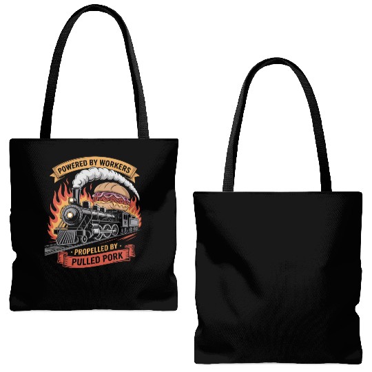 Powered by Workers Propelled by Pulled Pork Labor Tote Bags (AOP)