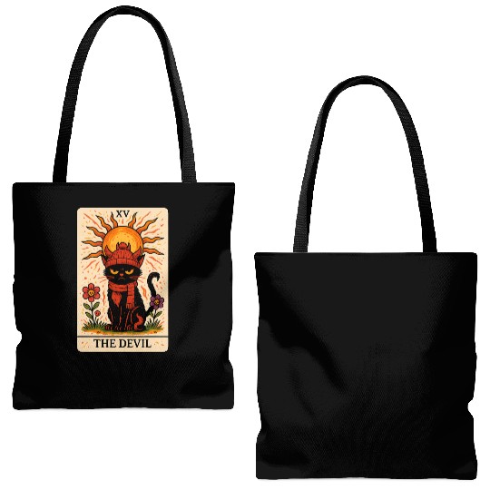 Devil Cat Tarot Card, Grumpy Cat Art, Mystical Tote Bags (AOP)