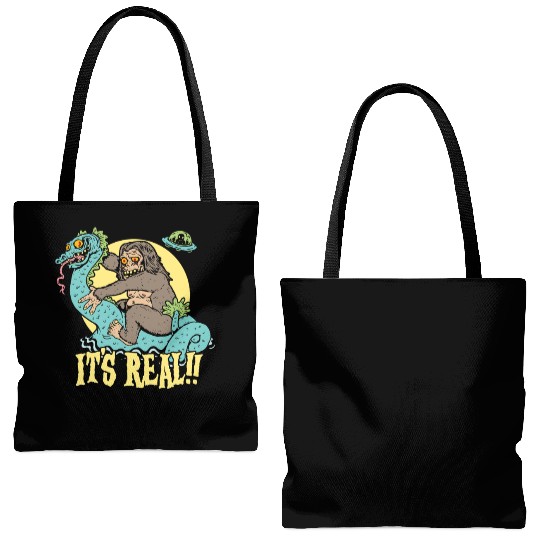 Bigfoot Rides Nessie UFO Cryptid Monster Mayhem Tote Bags (AOP)