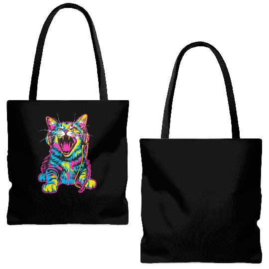 Psychedelic Cat with Headphones in Vibrant Colors Tote Bags (AOP)