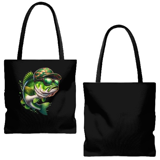 Camo Hat Bass Fish with Green Sunglasses Tote Bags (AOP)