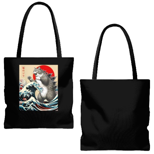 Catzilla Cat Japanese Art Funny Cat Tote Bags (AOP)