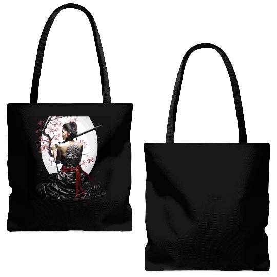 Samurai Serenity: Woman with Sword Under Cherry Tote Bags (AOP)