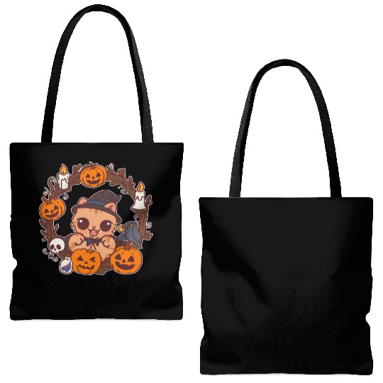 Whimsical Halloween Cat with Pumpkin Magic Tote Bags (AOP)