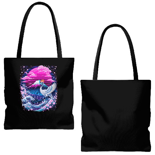 Neon Sakura Crane & Mount Fuji Scene Tote Bags (AOP)