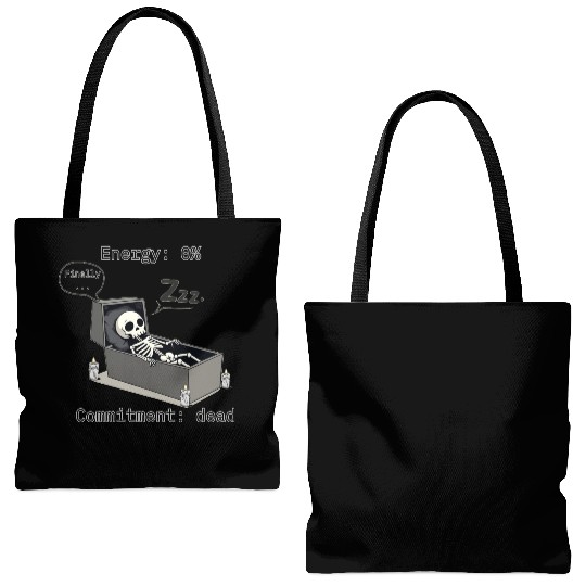 Sleepy Energy 0% – Funny Skeleton Coffin Meme Tote Bags (AOP)