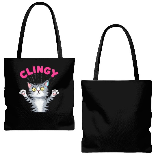 Humorous Clingy Cat Illustration Tote Bags (AOP)