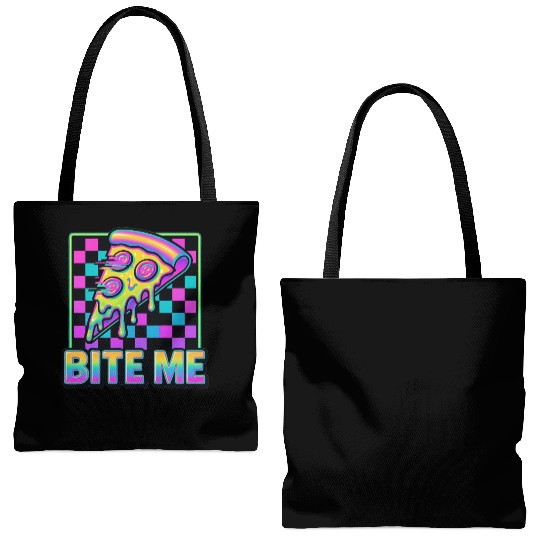 Bite Me – Y2K Glitch Pizza Neon Tote Bags (AOP)