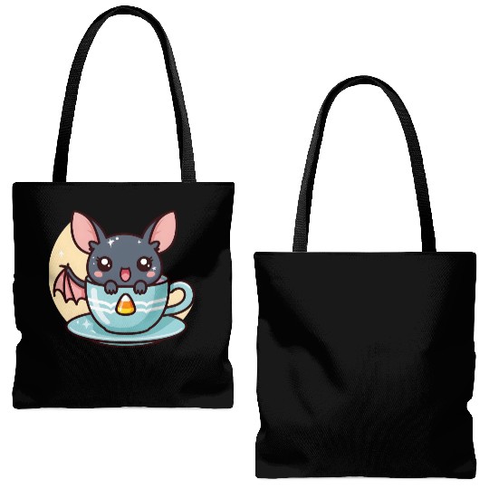 Cute Bat in Tea Cup Illustration Tote Bags (AOP)