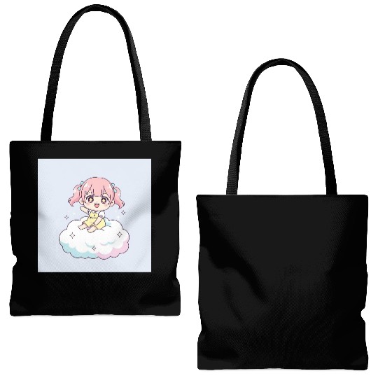 Cute Chibi Girl on Cloud Illustration Tote Bags (AOP)