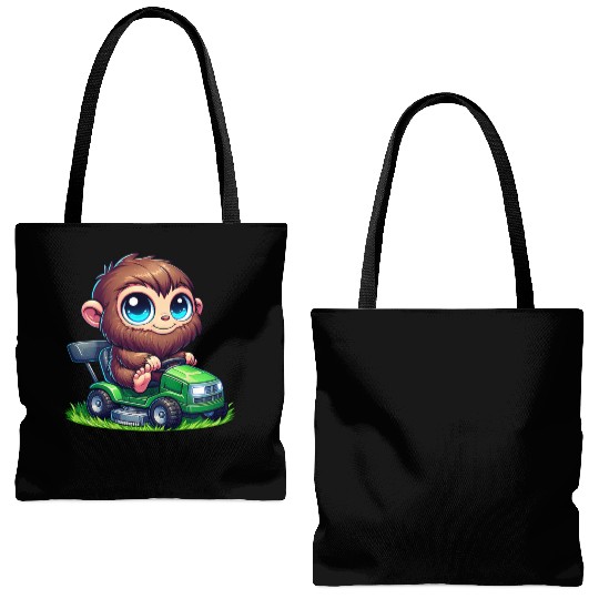 Cute Bigfoot Sasquatch lawn mower gardening chibi Tote Bags (AOP)