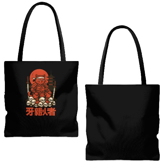 Samurai Cat with Skulls and Pagoda Tote Bags (AOP)