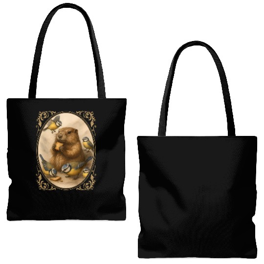 Marmot groundhog cute animal eating with birds Tote Bags (AOP)