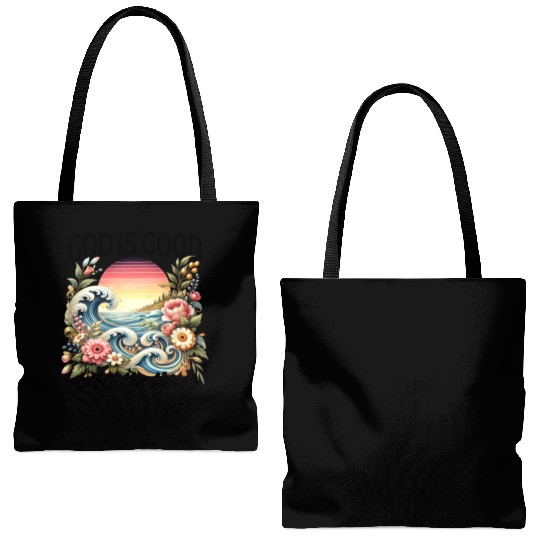 Elegant Wave and Floral Sunset Scene - GOD IS GOOD Tote Bags (AOP)