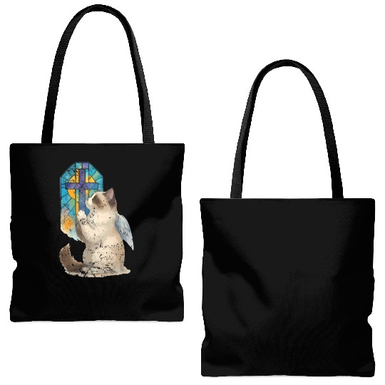 Celestial Cat with Stained Glass Cross Tote Bags (AOP)